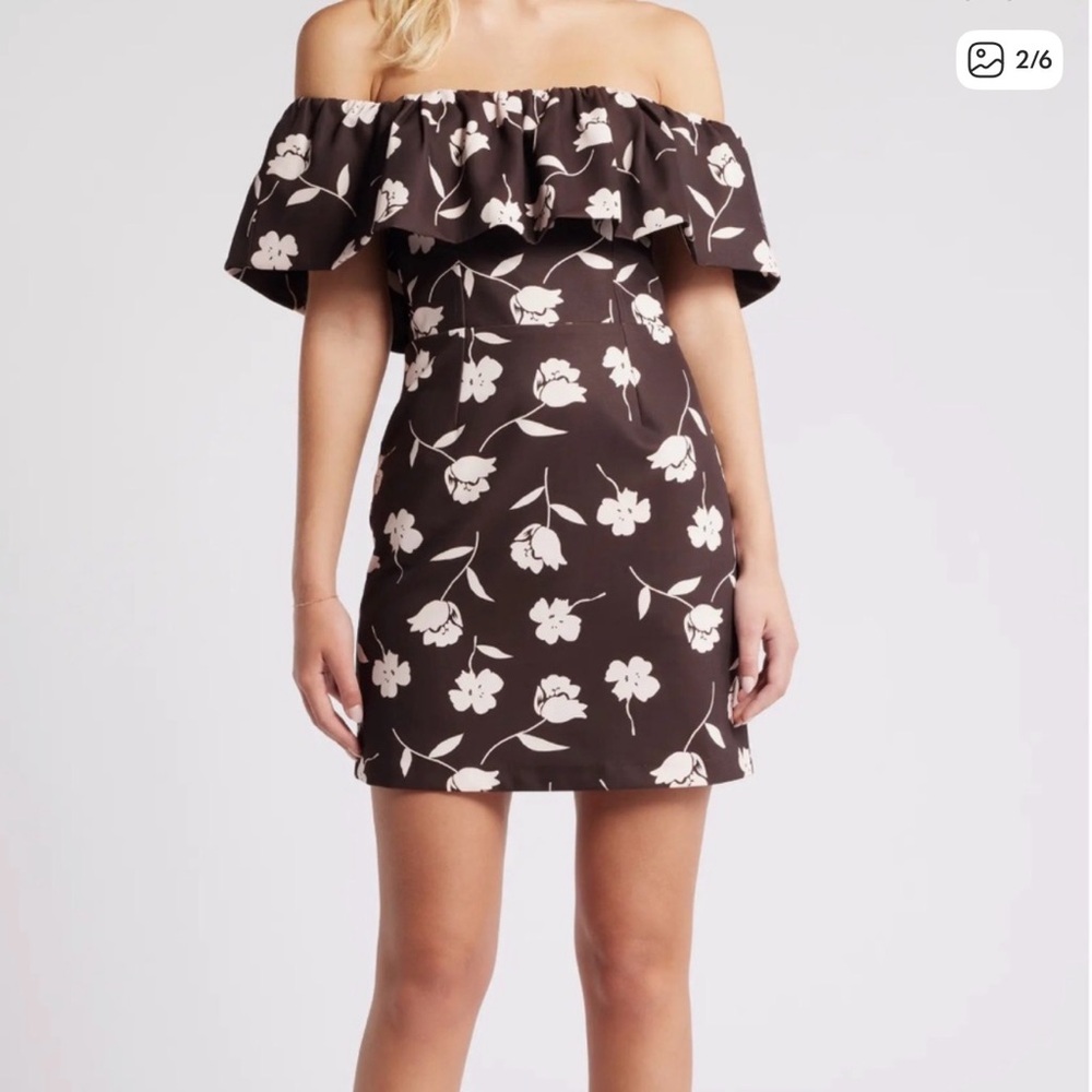 Black Floral Off-Shoulder Mini Dress with Pink Blossoms